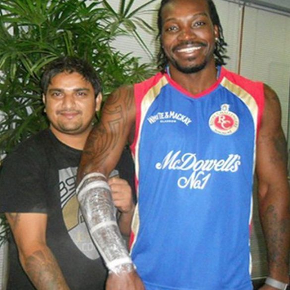 Chris Gayle's Tattoo Done by Mukesh Waghela at Moksha Goa: Chris Gayle popularly known as the ‘Universe Boss’. Gayle