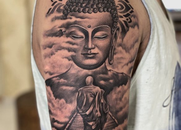 Buddha Tattoo by Mukesh Waghela at Moksha Tattoo Studio, Goa India. - Best  Tattoo Artist in Goa Safe, Hygienic #1 Best Tattoo Studio In Goa India