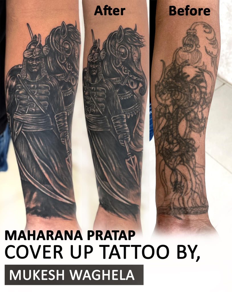 Maharana Pratap Coverup Tattoo by Mukesh Waghela The Best Tattoo Artist in Goa at Moksha Tattoo Studio Goa India.