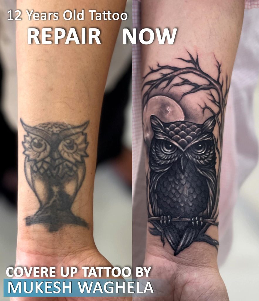 Owl Cover Up Tattoo By Mukesh Waghela The Best Tattoo Artist In Goa At Moksha Tattoo Studio Goa, India. The owl tattoo mokshatattoostudio