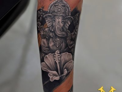 Ganesha Tattoo By Mukesh Waghela Best Tattoo Artist In Goa At Moksha Tattoo Studio Goa India.