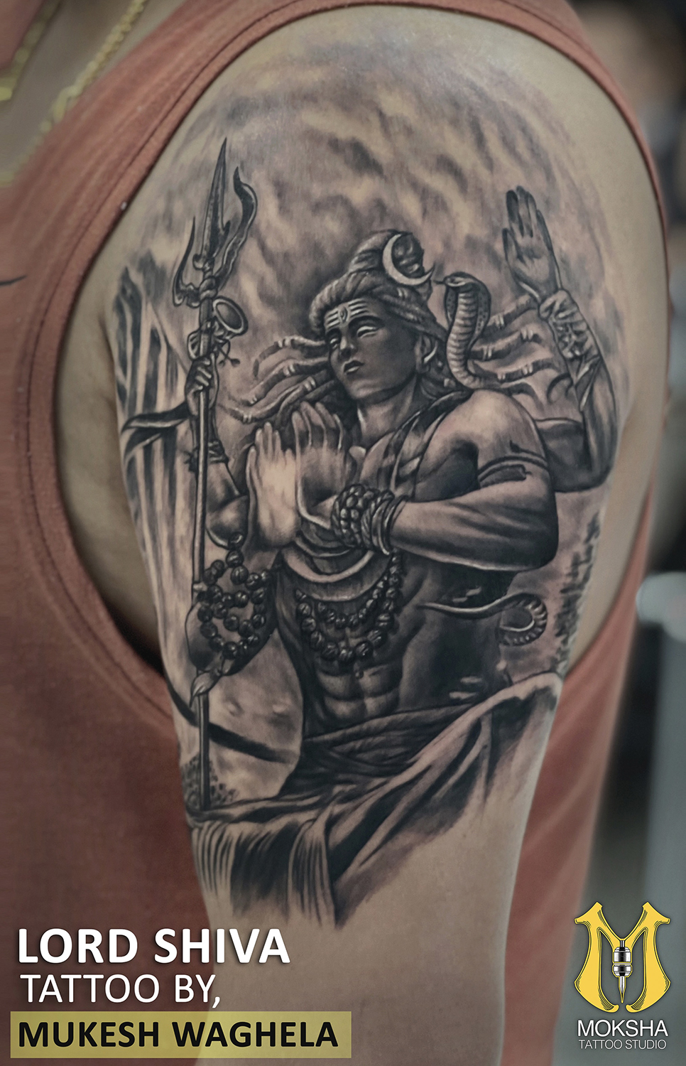 Lord Shiva Tattoo By Mukesh Waghela Best Tattoo Artist In Goa At Moksha Tattoo Studio Goa India.