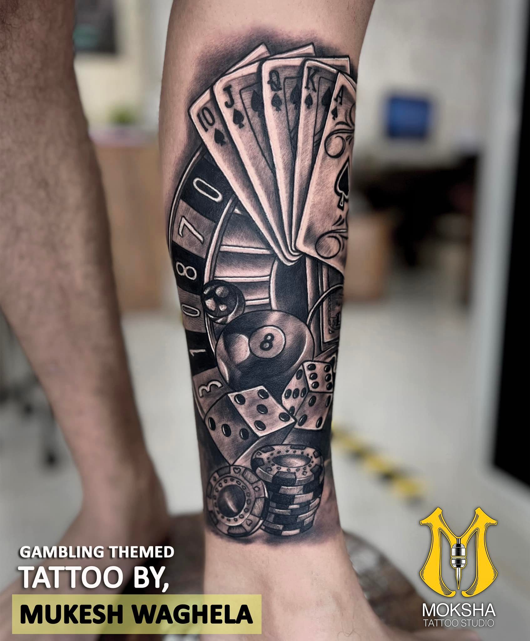 Gambling Themed Tattoo by Mukesh Waghela @Moksha Tattoo Studio, Goa India. Best Tattoo Artist in Goa