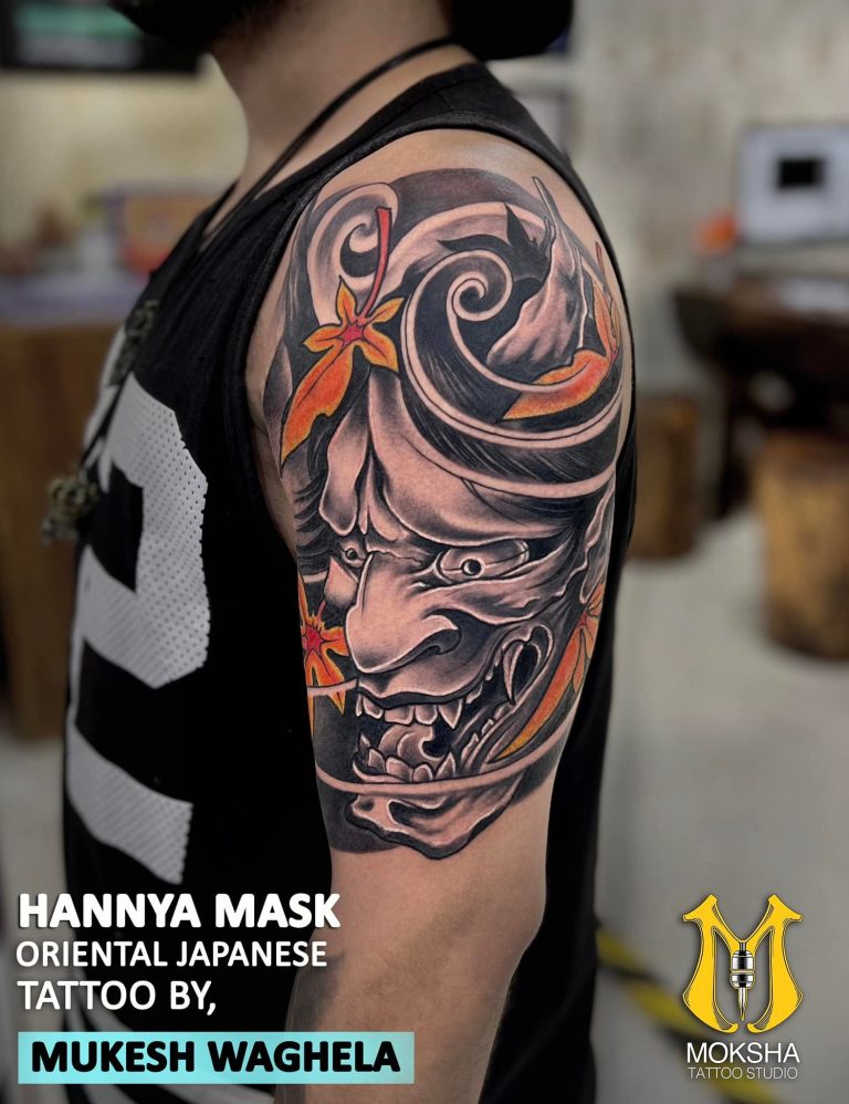 Hanya Mask Tattoo by Mukesh Waghela Best Tattoo Artist Goa India. Best Tattoo Artist of Goa India: Japanese tattoo